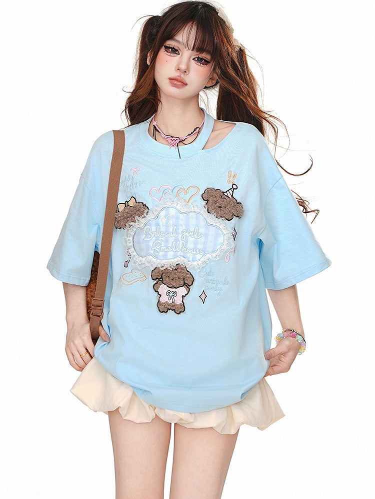 Blue/Apricot Cute Puppy Appliques Cutout Detail Summer T-shirt