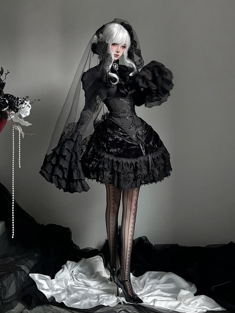 Long Sleeves Shirt Gothic High Boned Black Set All Lolita - Bell + Full Tie Mini Hat Jabot Skirt Waist