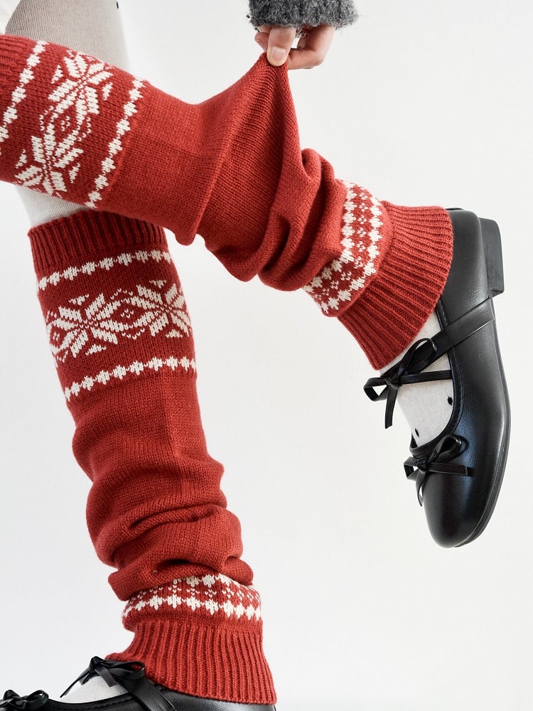 Red - Knitted Warmers Dot + Leg Tights of Layering Pair White A Polka Set