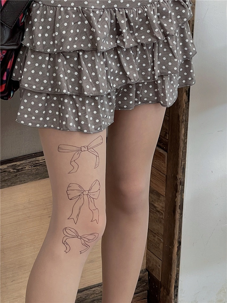 Print Pantyhose Bowknot Black/Nude Semi-sheer