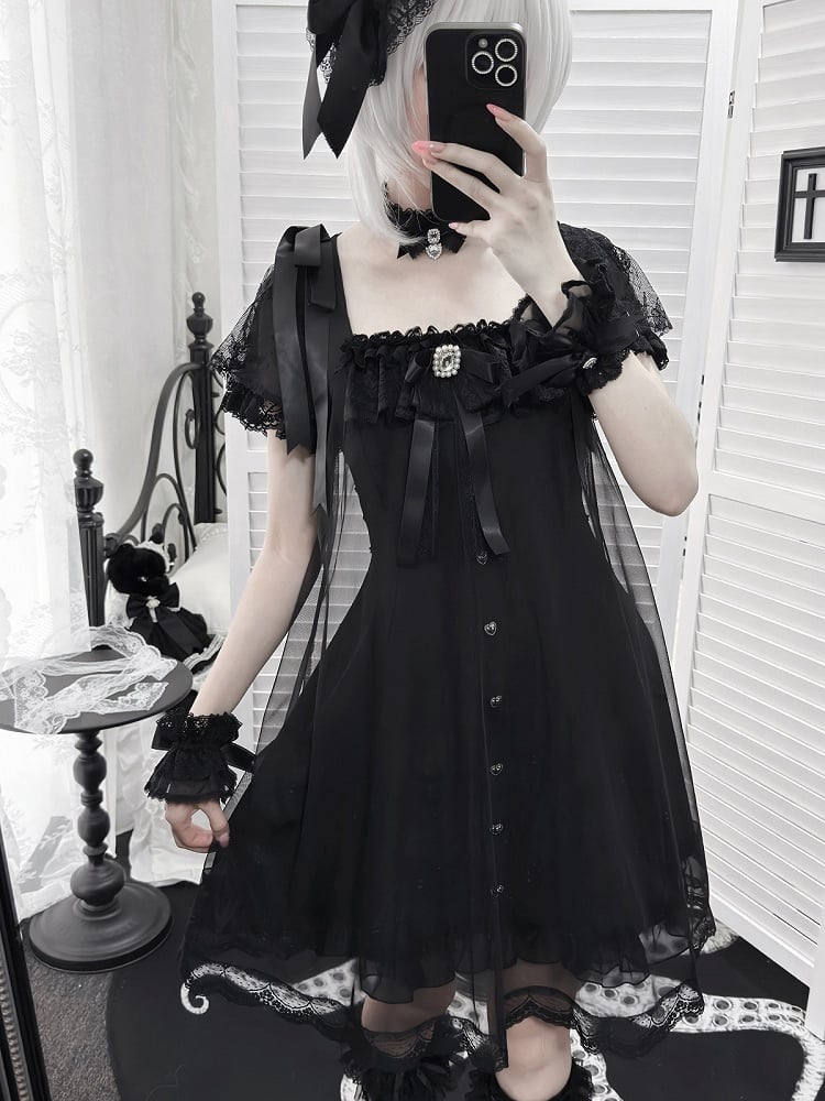 Gothic Square Neck Dress with Bow Accents - Ekomi