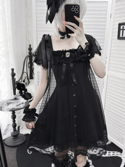 Square-Neck Gothic Dress with Sheer Overlay & Bow Detail - Ekomi