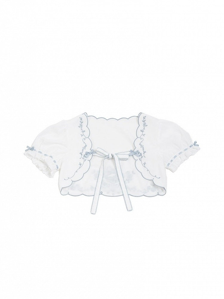 White & Blue Floral Embroidered Cape with Bow Accents - CEL