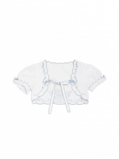 White & Blue Floral Embroidered Cape with Bow Accents - CEL
