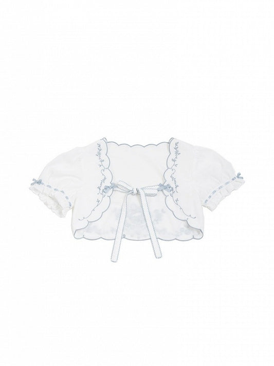 White & Blue Floral Embroidered Cape with Bow Accents - CEL