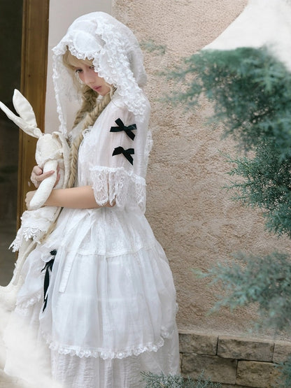 White Flutter Sleeve Petal Hem JSK with Bunny Hood & Lace Skirt Ensemble