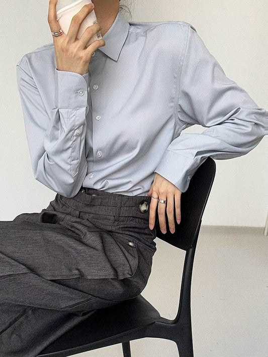 Modal Button Placket Unisex with Gray Lolita Long Light Flat Shirt Ouji Sleeve Collar Pointed