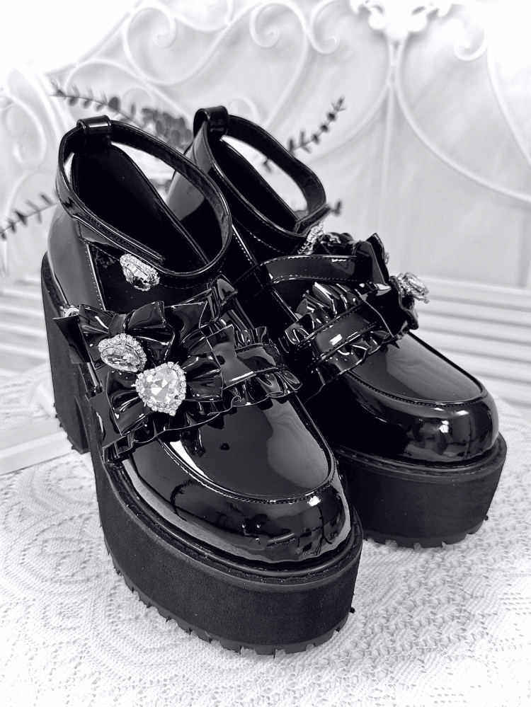 Platform Shoes with Bowknot and Heart Rhinestone Black Polished Decoration Style Landmine