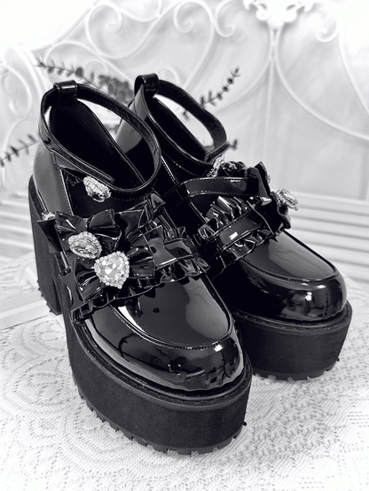 Platform Shoes with Bowknot and Heart Rhinestone Black Polished Decoration Style Landmine
