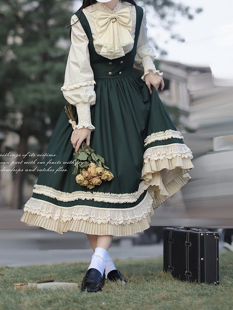 Beige Striped Blouse with Bishop Sleeves and Elastic Cuffs