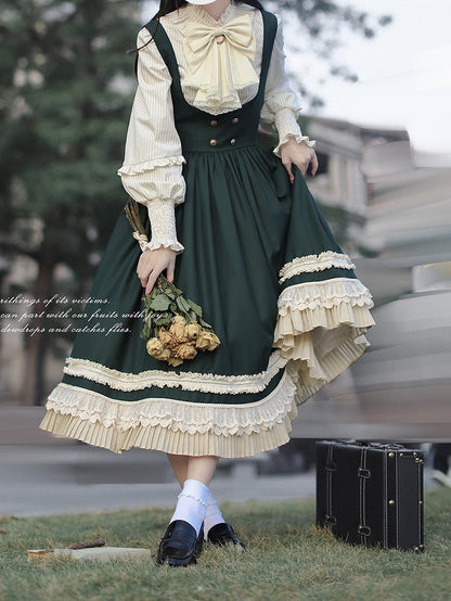 Beige Striped Blouse with Bishop Sleeves and Elastic Cuffs
