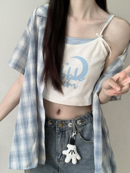 with Back Plaid Shirt Sleeves Short Blue Back Slit Bow Self-tie