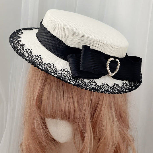 Hat Trim Elegant Bowknot Heart Beaded Lace Decorated BlackWhite