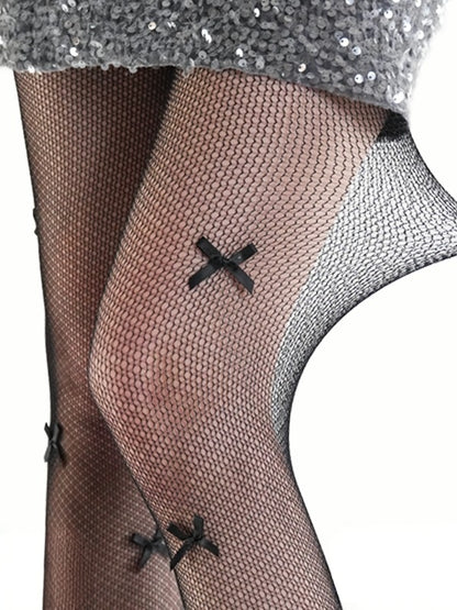 3 Colors Sheer Mesh Tights with Bowknot Details - ModaSwings