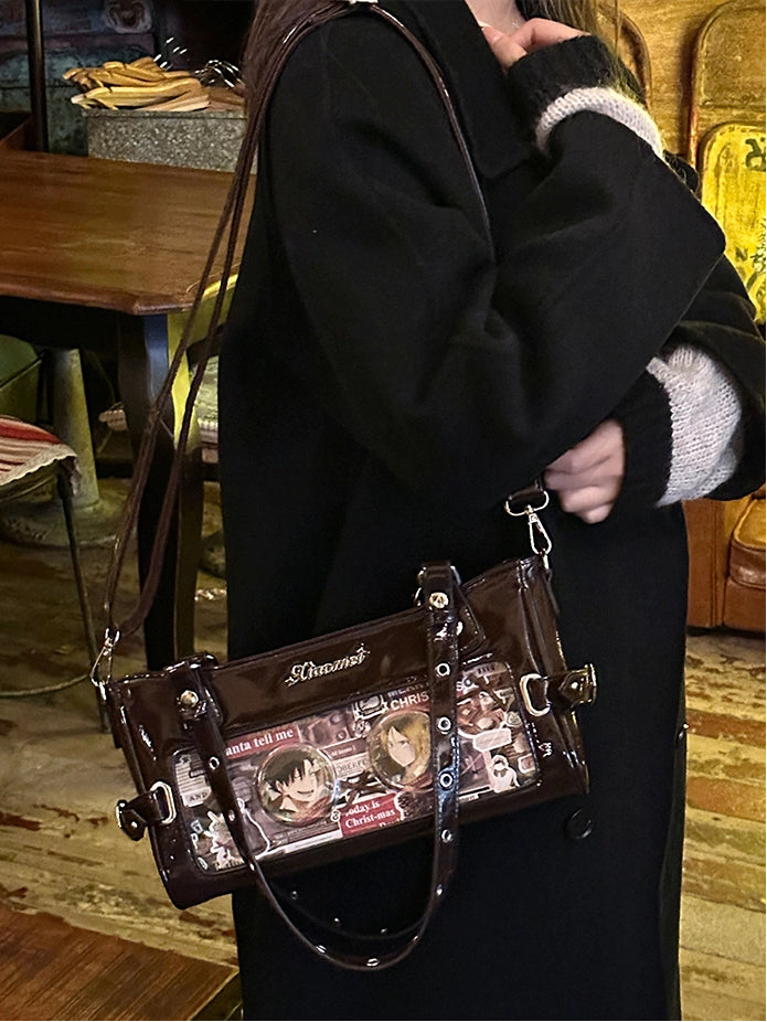 Versatile Ita Brown Leather PU Bag Transparent-Window