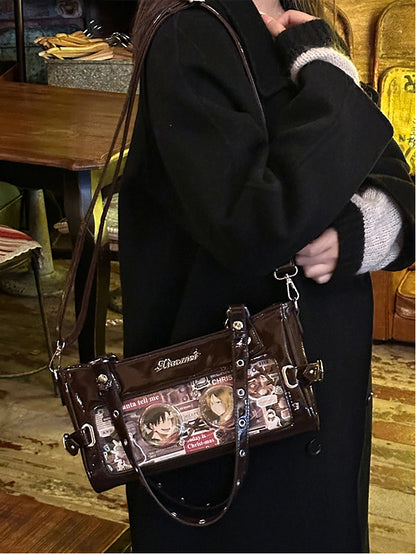 Versatile Ita Brown Leather PU Bag Transparent-Window