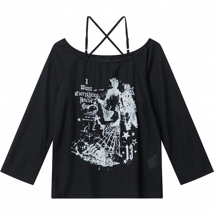 Off-Shoulder Black Knit Top with Cross Halter and Letter Print