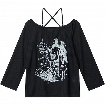 Schwarzes schulterfreies Stricktop mit überkreuztem Neckholder und Buchstabendruck