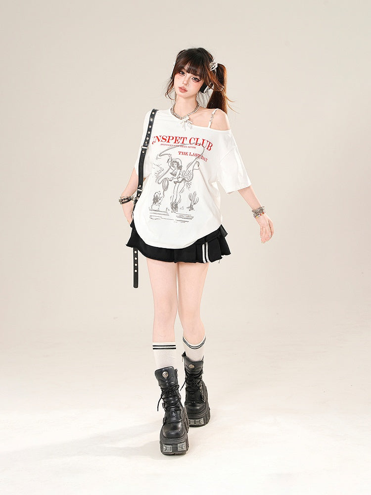 ホワイト アシンメトリーネックライン ルーズグラフィックTシャツ