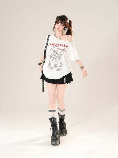 ホワイト アシンメトリーネックライン ルーズグラフィックTシャツ