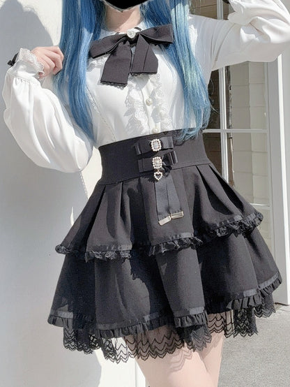 Bunny-Ear Collar Blouse White Back with Black Lace | Jirai Bow Contrast Trimmed Kei