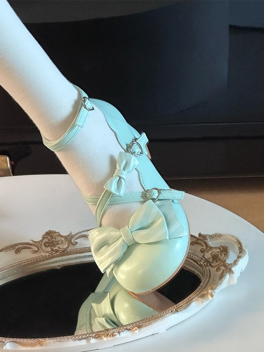 Gestreift mit Janes Mary PU-Schleifen mit mittlerem Absatz, Grasgrün