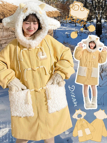 Milchgelber süßer Cord-Dufflecoat mit Lammkapuze