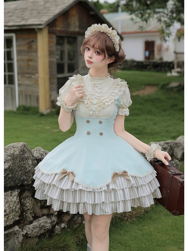 Puff-Sleeve Short Skirt Dress in Beige and Blue with Scalloped Hem and Layers - With PUJI