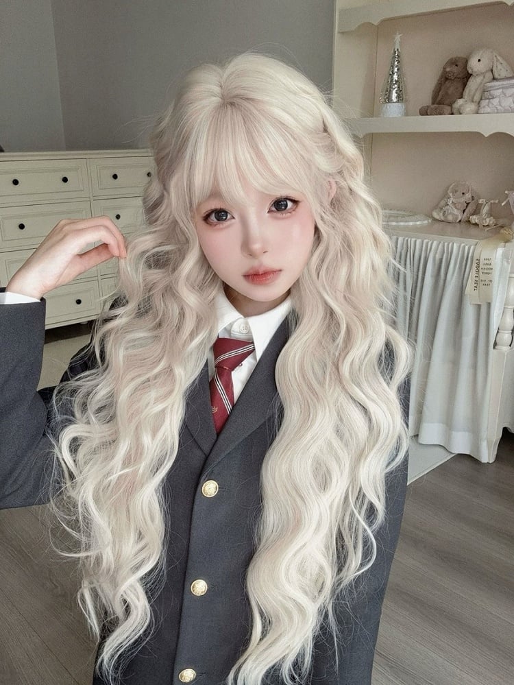 Blonde 87cm Wavy Wig with Air Bangs - Alice Garden