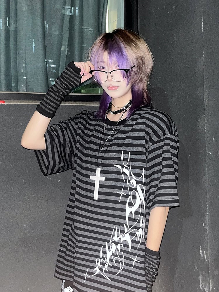 Print Decorative T-Shirt Chic Black with Gray Striped