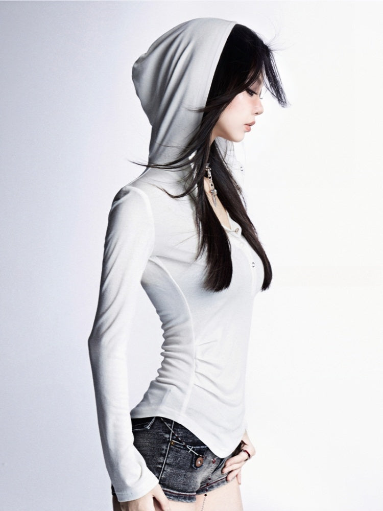 Snap Placket Neckline Sun Protection Hooded Top White Partial