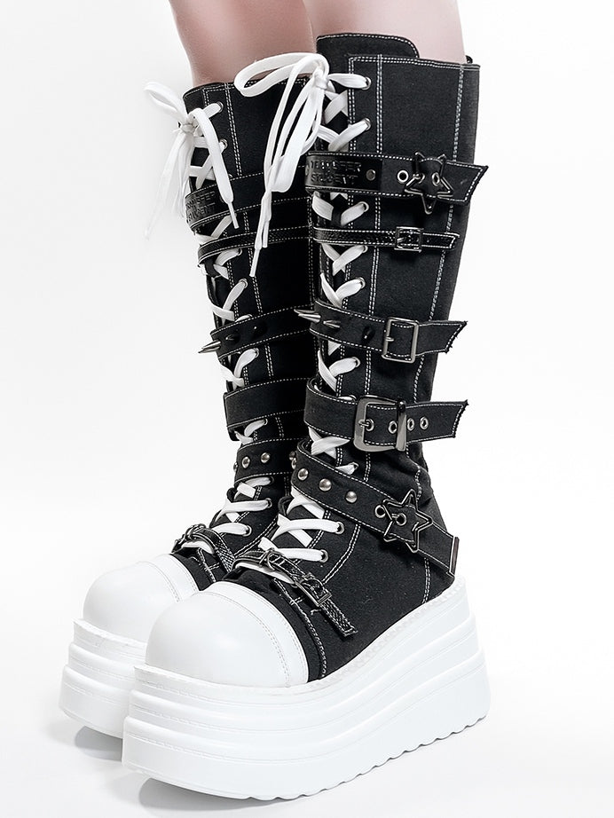 Y2K Canvas Punk Buckle - Black Platform Knee-Highs