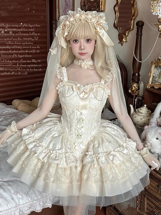 Puffkleidstoff mit baskischer Taille mit Stäbchen, Jacquard, Beige, JSK, Big Hime, Lolita, Balletcore, Schleifenschleppe