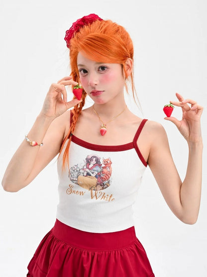 Snow White Vibes Contrast White Graphic Cami Top Red Trim Cropped