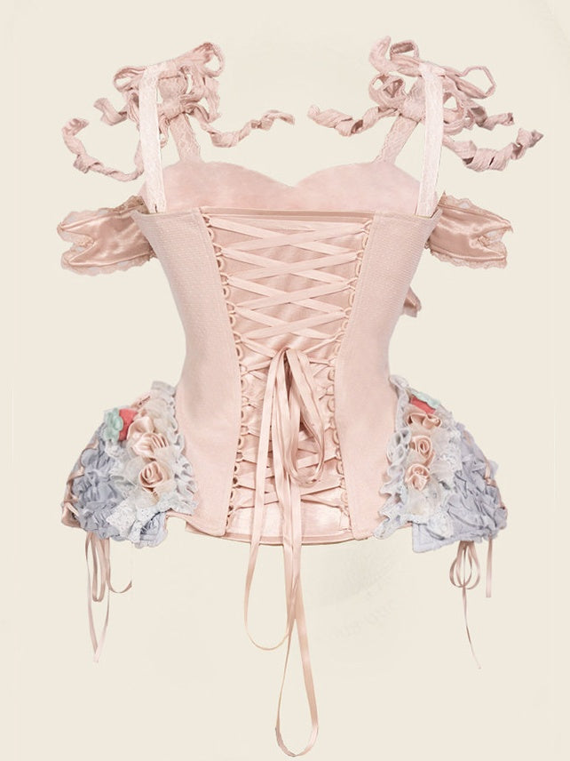 Strawberry Mousse Rococo Corset Top with Detachable Chest Bow and Shoulder Straps - Blood Supply