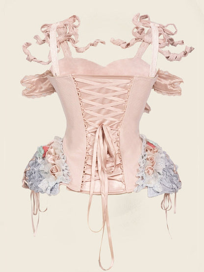 Strawberry Mousse Rococo Corset Top with Detachable Chest Bow and Shoulder Straps - Blood Supply