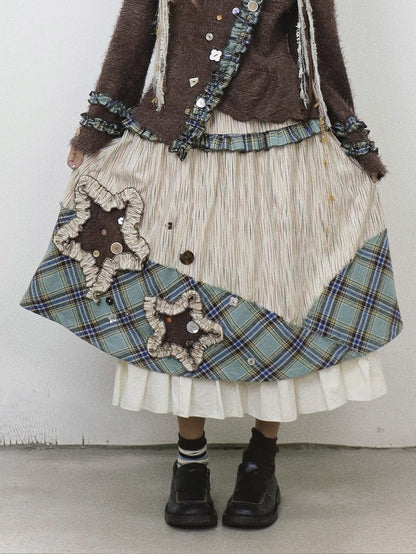 Bohemian Midi Skirt: Patchwork Green with Beige Kei Plaid Vintage Appliques Star Mori