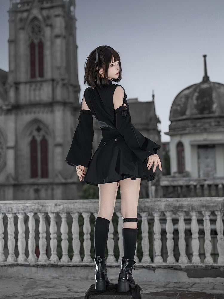 Gothic Lolita Dress & Short Pants Set - Asymmetrical with Detachable Sleeves - Unknown Star