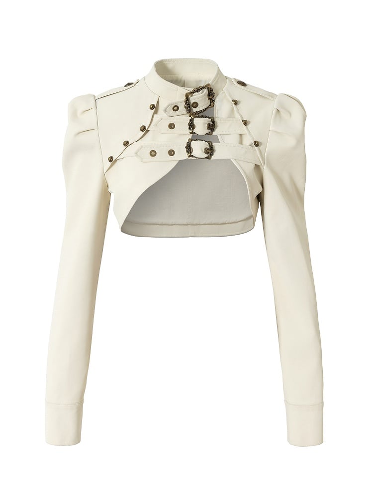 Buckled Punk Straps Crop Jacket with Collar Stand Beige Knight-Style