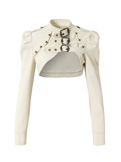Buckled Punk Straps Crop Jacket with Collar Stand Beige Knight-Style