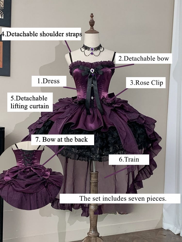 Purple Black Strapless Gothic Lolita Dress - Rose Bouquet Boned Corset