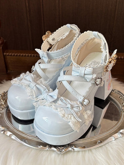 Edging with PU in Details High Lace Print Heel Bowknot Block Lolita Spoon Blue Sky Sweet Elegant Heels