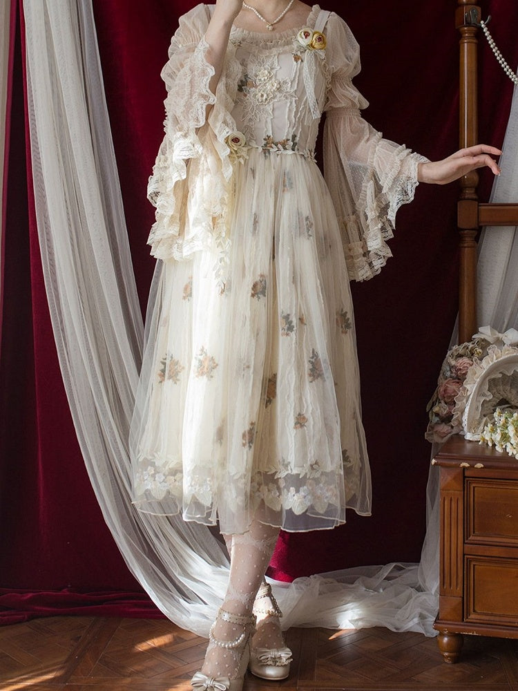 Apricot Floral Embroidered Lace Elegant Classic Lolita JSK Dress With Overlay