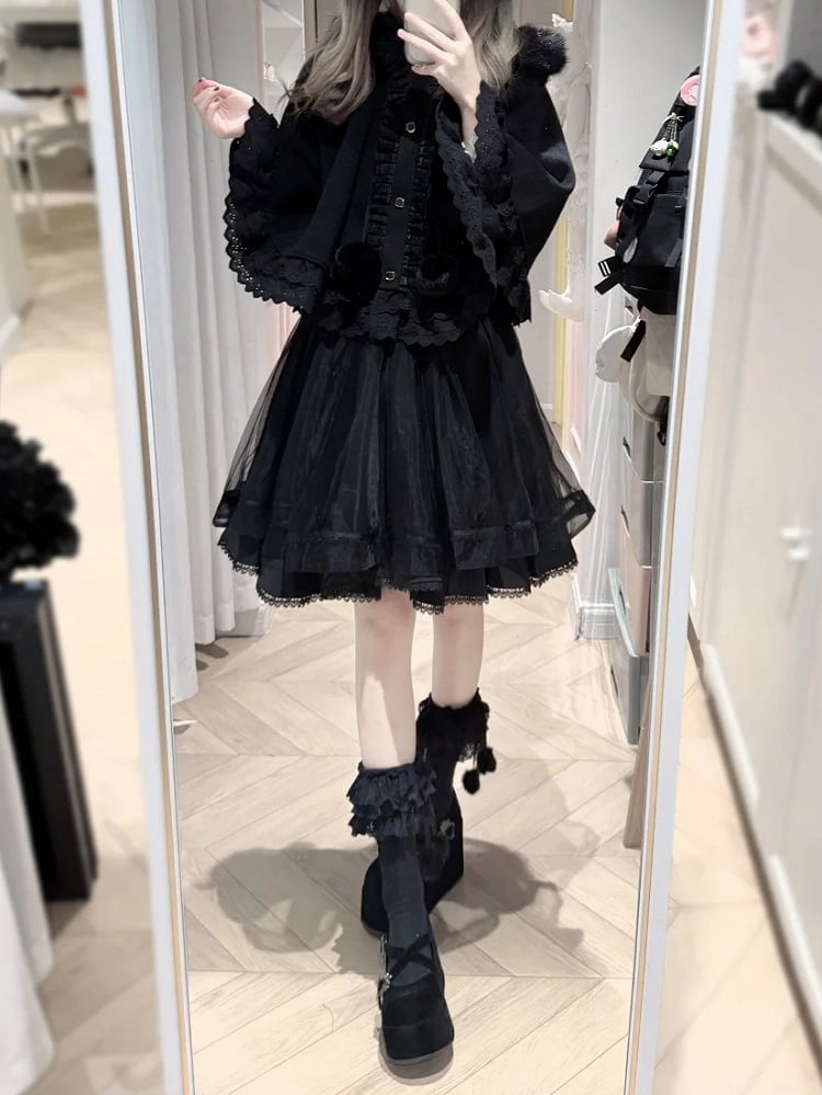 Hooded Lace Trim Plush Black Kei Delicate Cape - Jirai Heart Buttons with