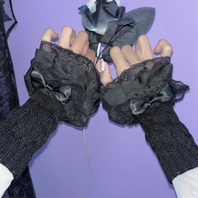 Rosa/Weiß/Schwarz Spitzenbesatz Schleife Gestrickte Abgesetzte Ärmel