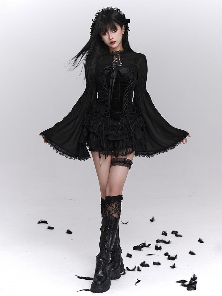 with Black Shrug Bell Sleeves Crop Lace-Trimmed Closure Gothic Cross-Tie