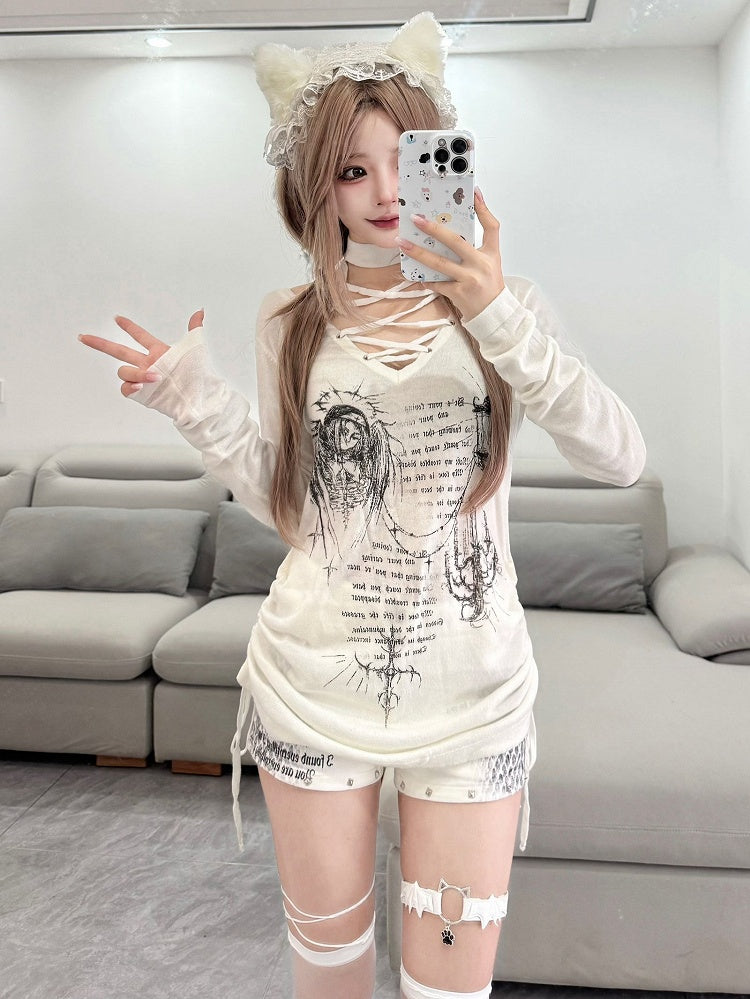 Cross White Print Side Drawstring Details Lace-Up Halter Top with Candlelight Shadow