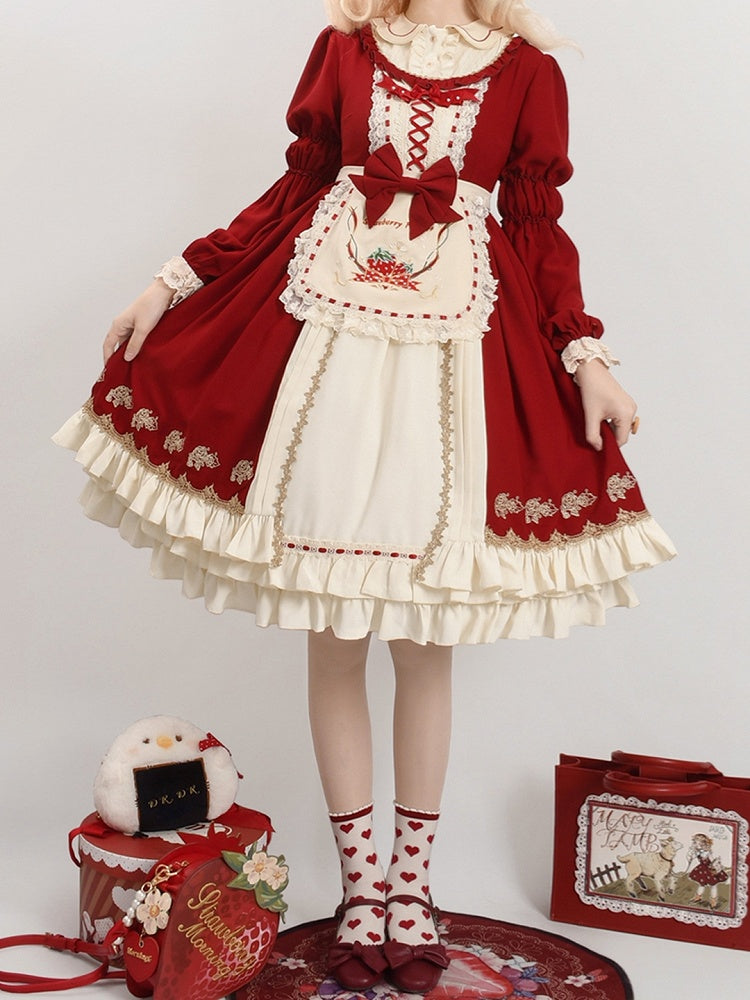 with Long-sleeved and Sweet Hem Red Apron Ruffle Beige Strawberry Embroidered Lolita Dress