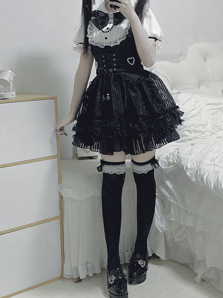 ベルトコルセットストライプスカートウエストパフィードレスレイヤードブラックジライケイホワイトとレースアップ3つのハイ