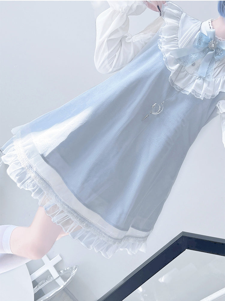 ジライケイ ライトブルー レースパッチショルダー ランドマインスタイル レーストリム ロングスリーブドレス